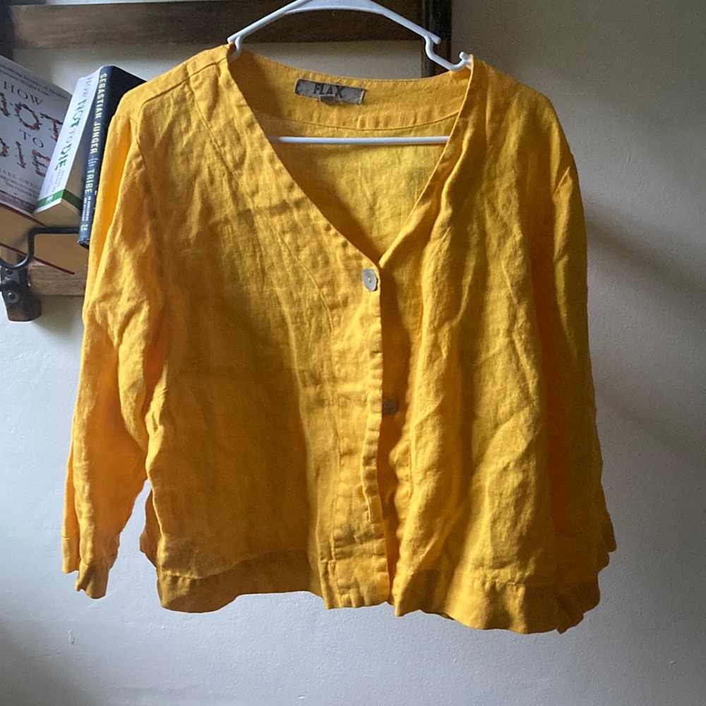 Gorgeous yellow Marigold flax button up shirt with Abalone shell buttons